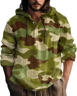 Long Sleeve Beach Hippie Tops with Hat Men's Casual Fashion Loose Trend Camouflage Long Sleeve Shirts