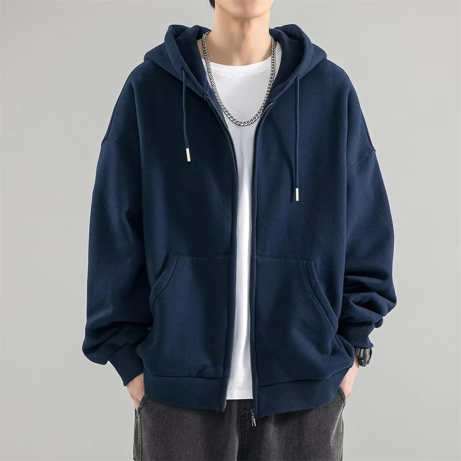Long Sleeve Hooded Sweatshirt Pockets Mens Simple Casual Loose Hoodless Oversize Zipper Solid Stand Collar Hoodless