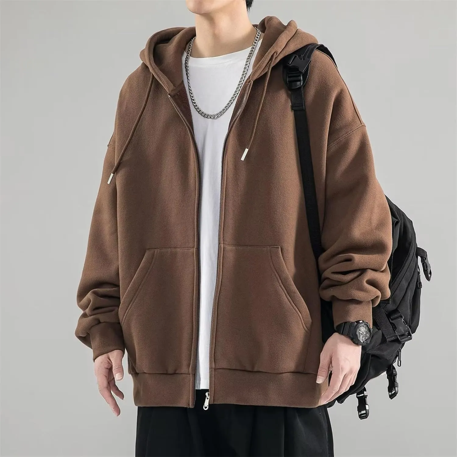 Long Sleeve Hooded Sweatshirt Pockets Mens Simple Casual Loose Hoodless Oversize Zipper Solid Stand Collar Hoodless
