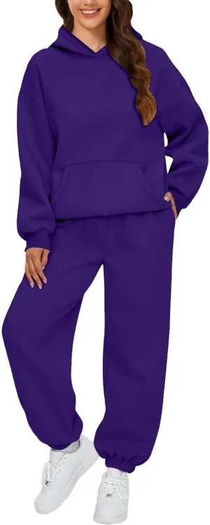 Lounge Sets for Women Solid Color Long Sleeved Hoodie Casual Sweatpants with Pockets 2 Piece Fall Outfits