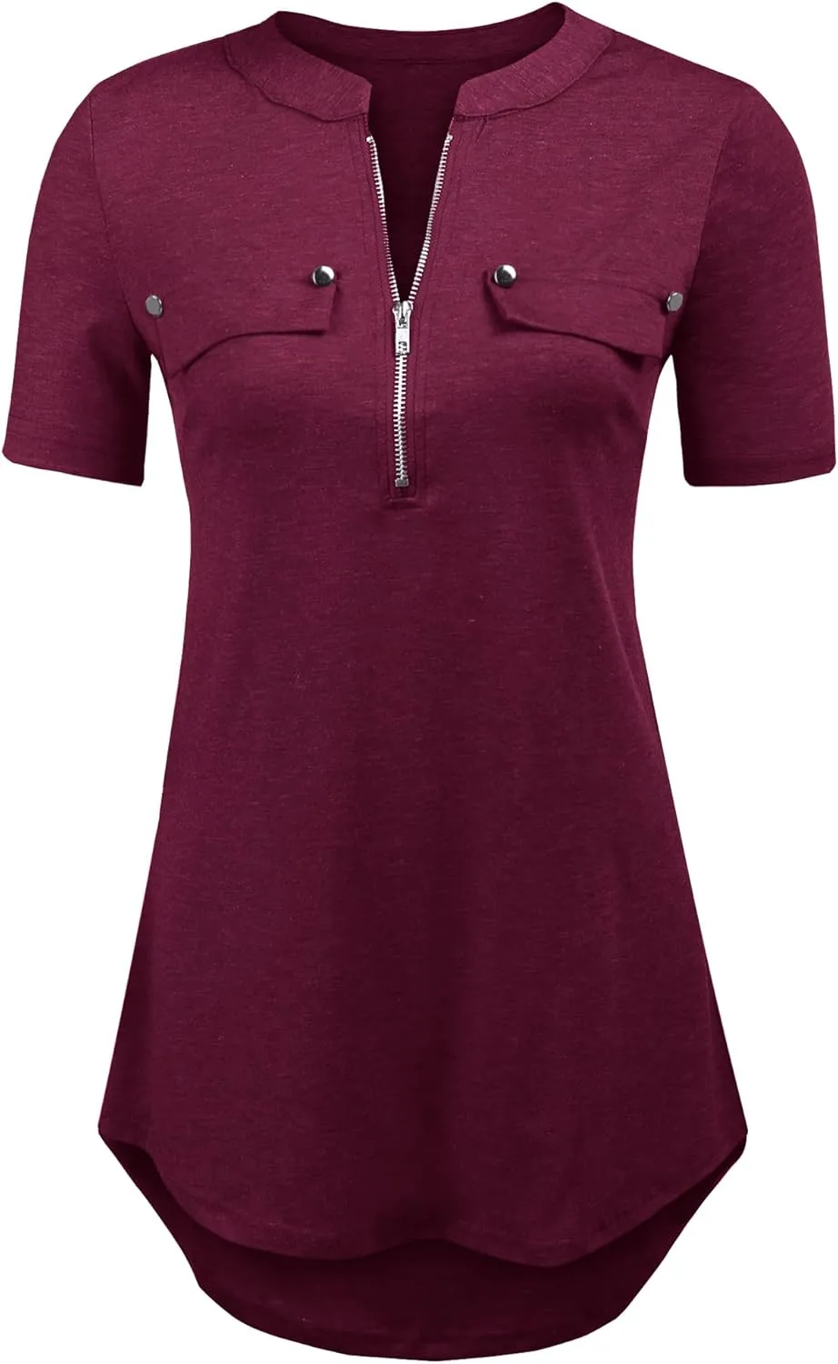 LuckyMore Women's Short Sleeve Zip Flowy Tunic Tops Business Casual Work Office Blouses Shirts (M-3XL)