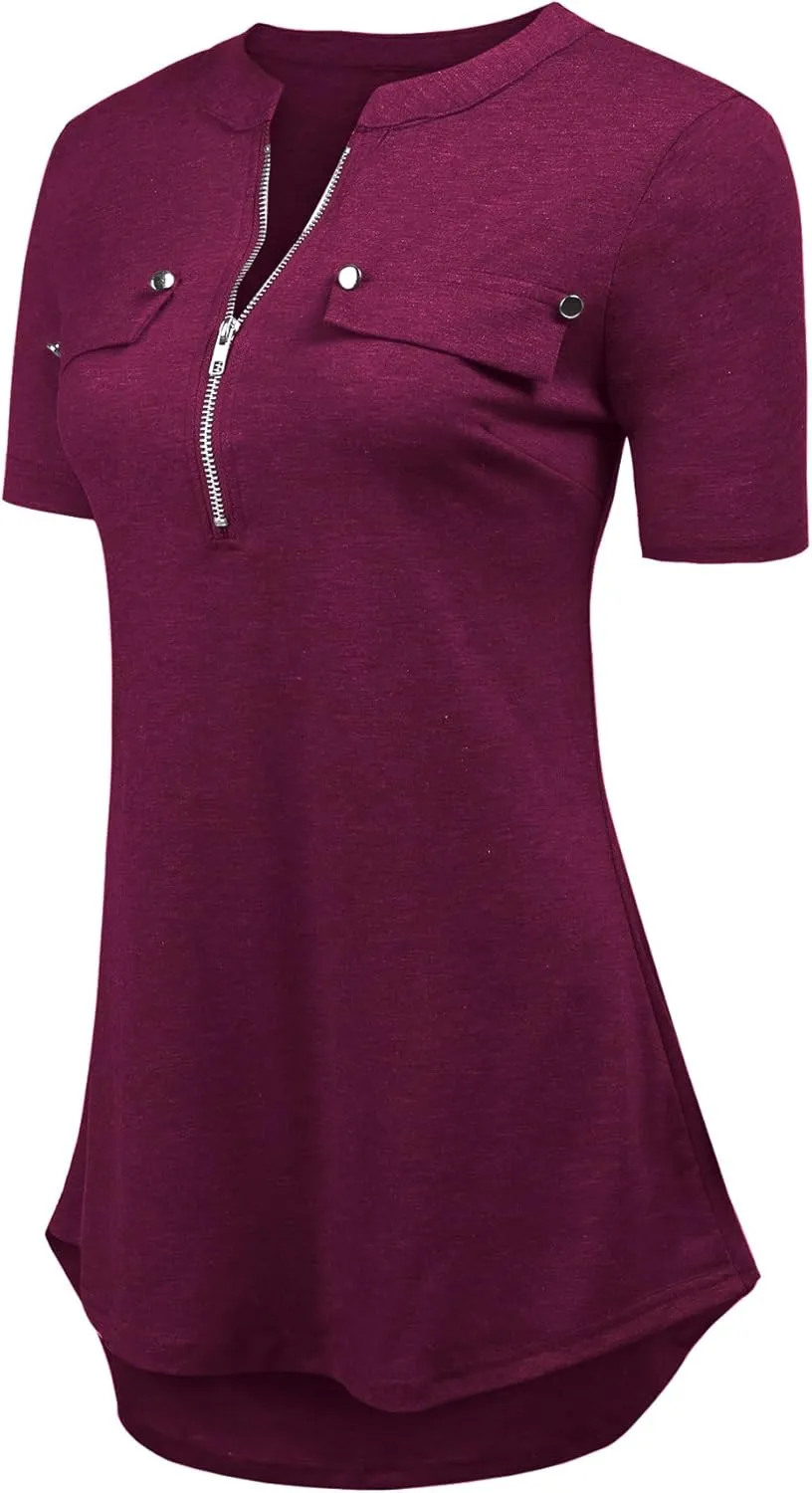 LuckyMore Women's Short Sleeve Zip Flowy Tunic Tops Business Casual Work Office Blouses Shirts (M-3XL)