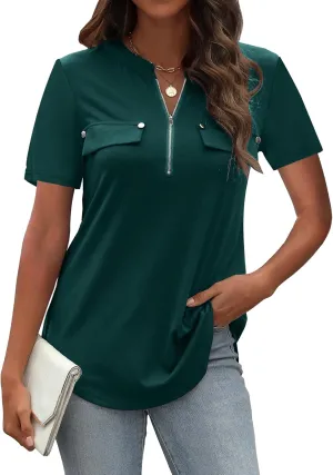 LuckyMore Women's Short Sleeve Zip Flowy Tunic Tops Business Casual Work Office Blouses Shirts (M-3XL)