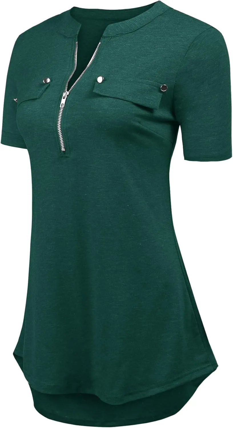 LuckyMore Women's Short Sleeve Zip Flowy Tunic Tops Business Casual Work Office Blouses Shirts (M-3XL)