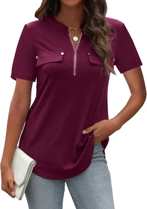 LuckyMore Women's Short Sleeve Zip Flowy Tunic Tops Business Casual Work Office Blouses Shirts (M-3XL)