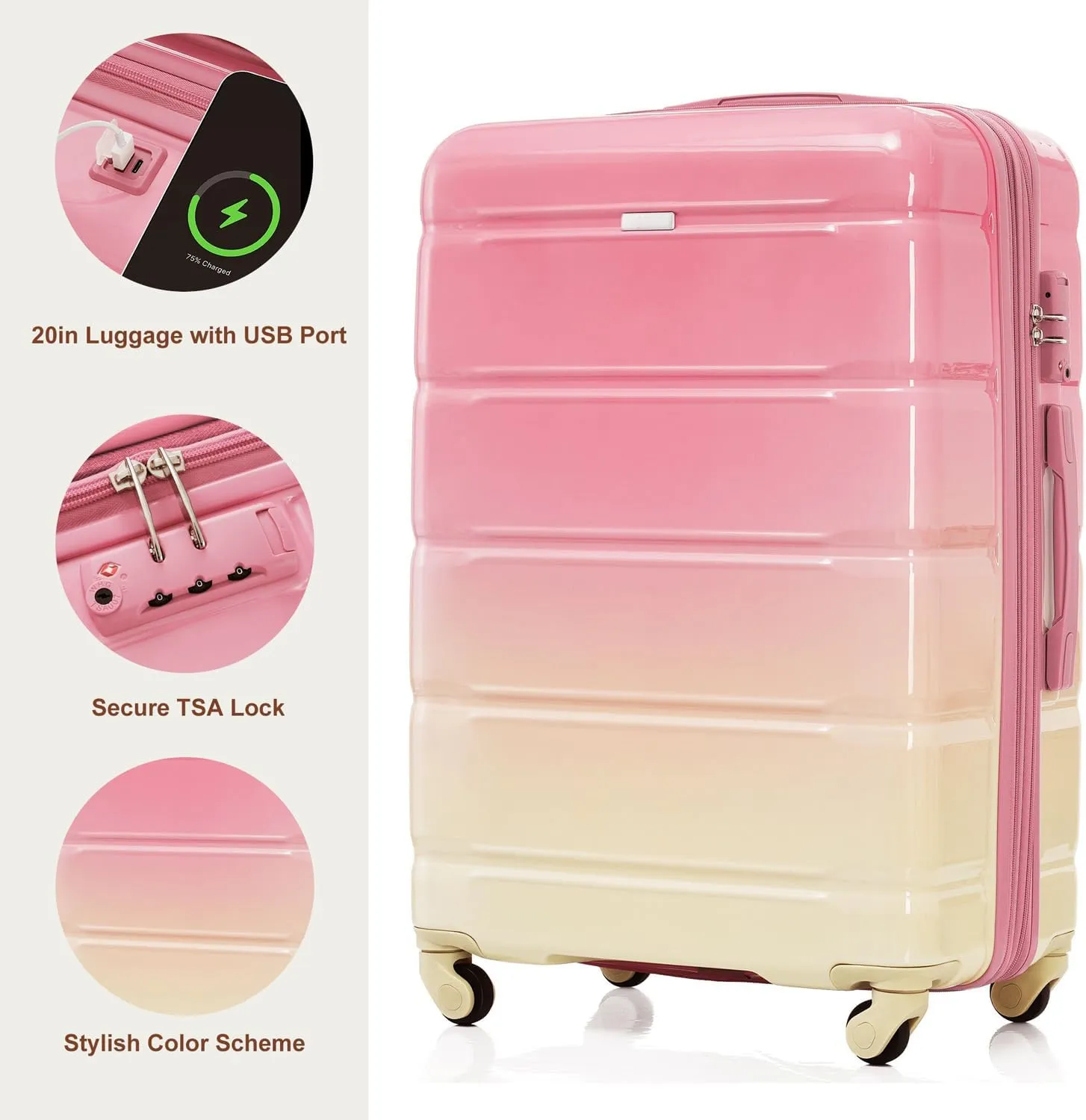 Luggage Set of 3, 20-inch with USB Port, Airline Certified Carry-on Luggage, ABS PC Hard Shell Luggage with Spinner Wheels 20/24/28 Inch (Pink)