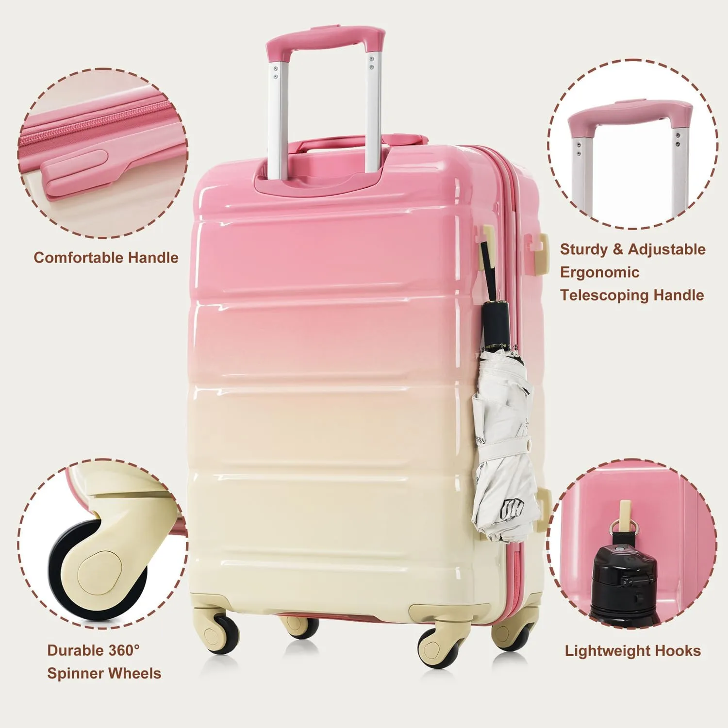 Luggage Set of 3, 20-inch with USB Port, Airline Certified Carry-on Luggage, ABS PC Hard Shell Luggage with Spinner Wheels 20/24/28 Inch (Pink)