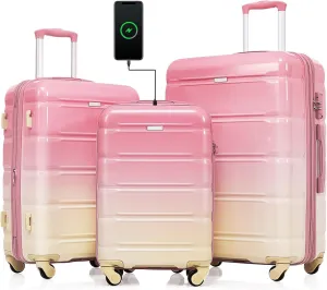 Luggage Set of 3, 20-inch with USB Port, Airline Certified Carry-on Luggage, ABS PC Hard Shell Luggage with Spinner Wheels 20/24/28 Inch (Pink)