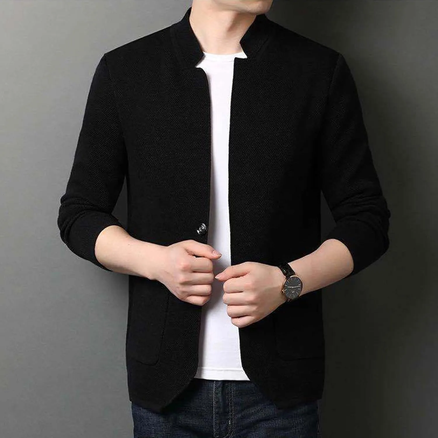 Lu's Chic Men's Soft Knit Blazer Open Front Cardigan Sweater Lightweight Mandarin Collar Slim Fit Casual Sports Coats Jacket