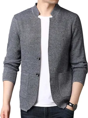 Lu's Chic Men's Soft Knit Blazer Open Front Cardigan Sweater Lightweight Mandarin Collar Slim Fit Casual Sports Coats Jacket