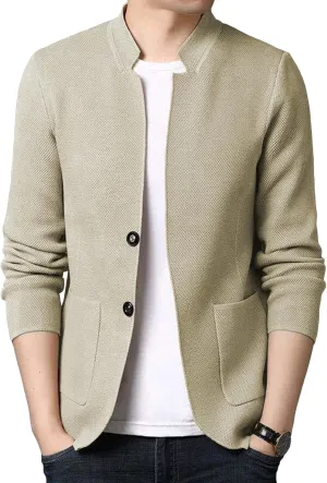 Lu's Chic Men's Soft Knit Blazer Open Front Cardigan Sweater Lightweight Mandarin Collar Slim Fit Casual Sports Coats Jacket