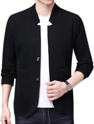 Lu's Chic Men's Soft Knit Blazer Open Front Cardigan Sweater Lightweight Mandarin Collar Slim Fit Casual Sports Coats Jacket