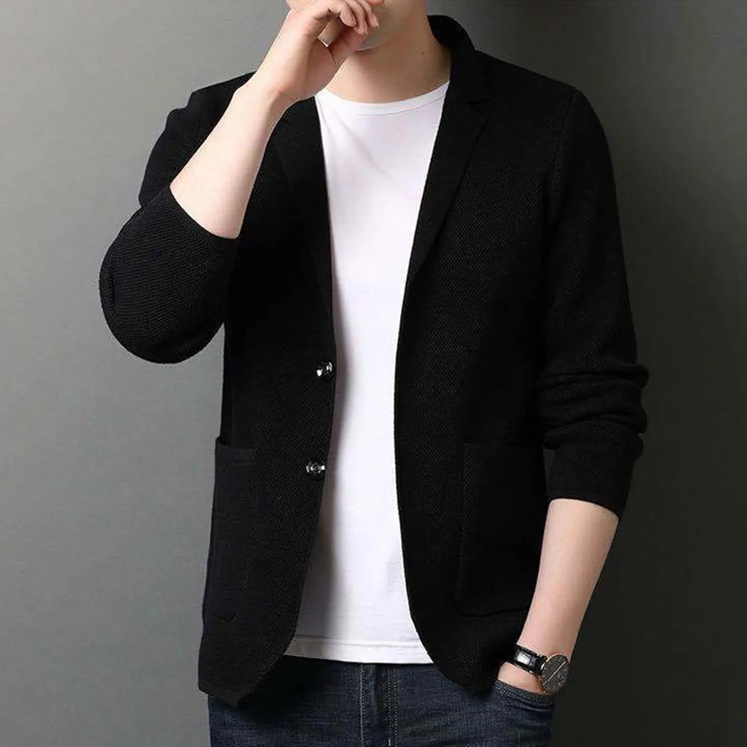 Lu's Chic Men's Soft Knit Blazer Open Front Cardigan Sweater Lightweight Mandarin Collar Slim Fit Casual Sports Coats Jacket