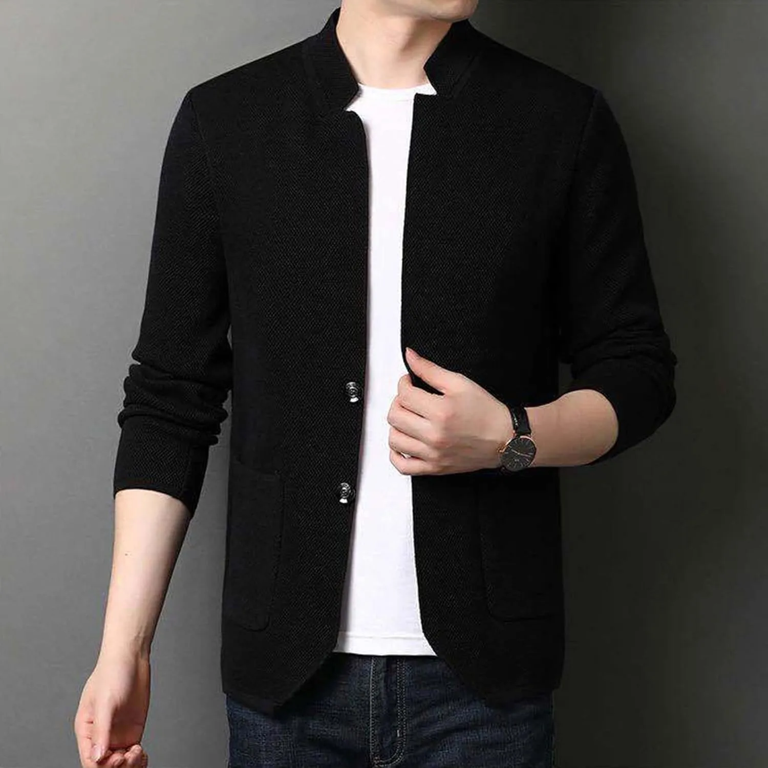 Lu's Chic Men's Soft Knit Blazer Open Front Cardigan Sweater Lightweight Mandarin Collar Slim Fit Casual Sports Coats Jacket