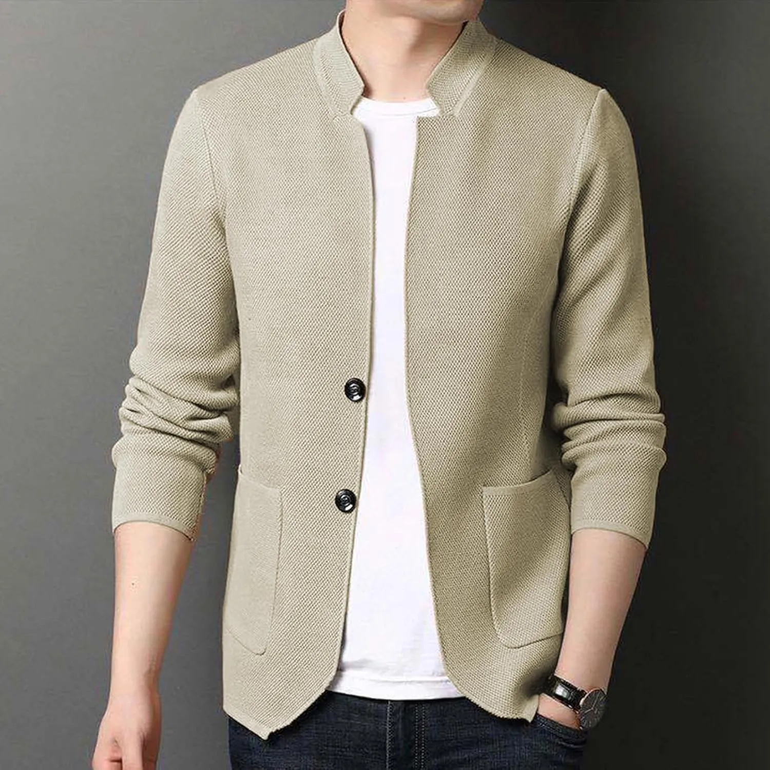 Lu's Chic Men's Soft Knit Blazer Open Front Cardigan Sweater Lightweight Mandarin Collar Slim Fit Casual Sports Coats Jacket