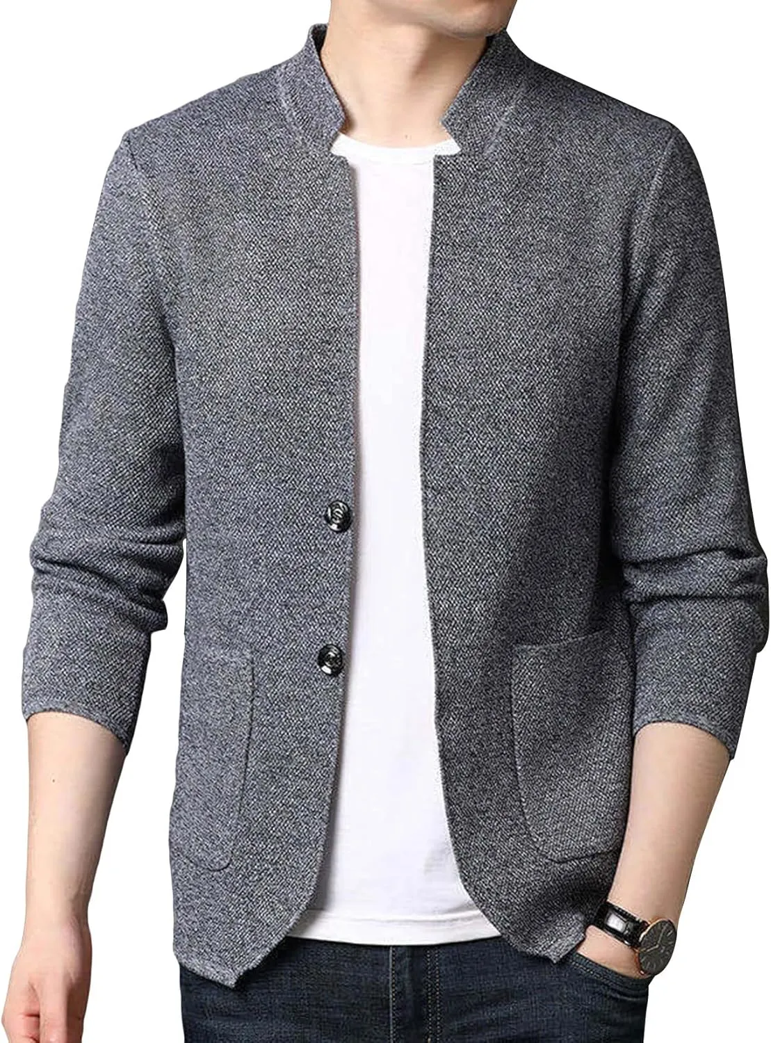 Lu's Chic Men's Soft Knit Blazer Open Front Cardigan Sweater Lightweight Mandarin Collar Slim Fit Casual Sports Coats Jacket