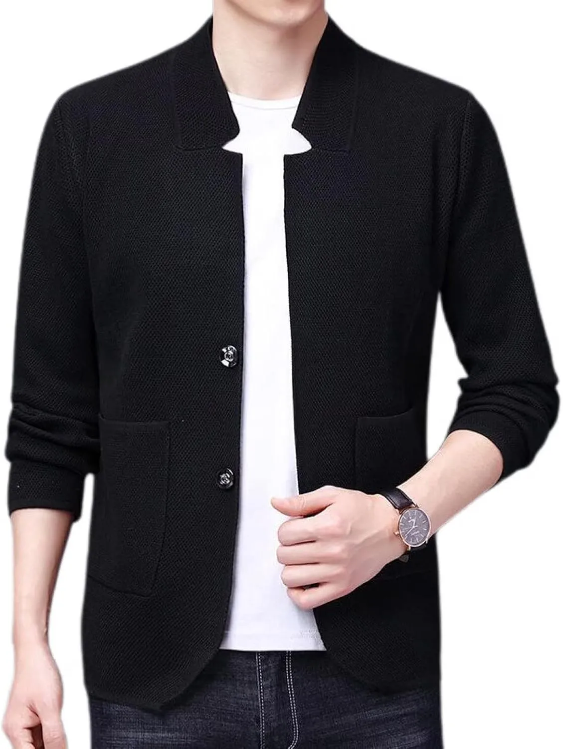 Lu's Chic Men's Soft Knit Blazer Open Front Cardigan Sweater Lightweight Mandarin Collar Slim Fit Casual Sports Coats Jacket