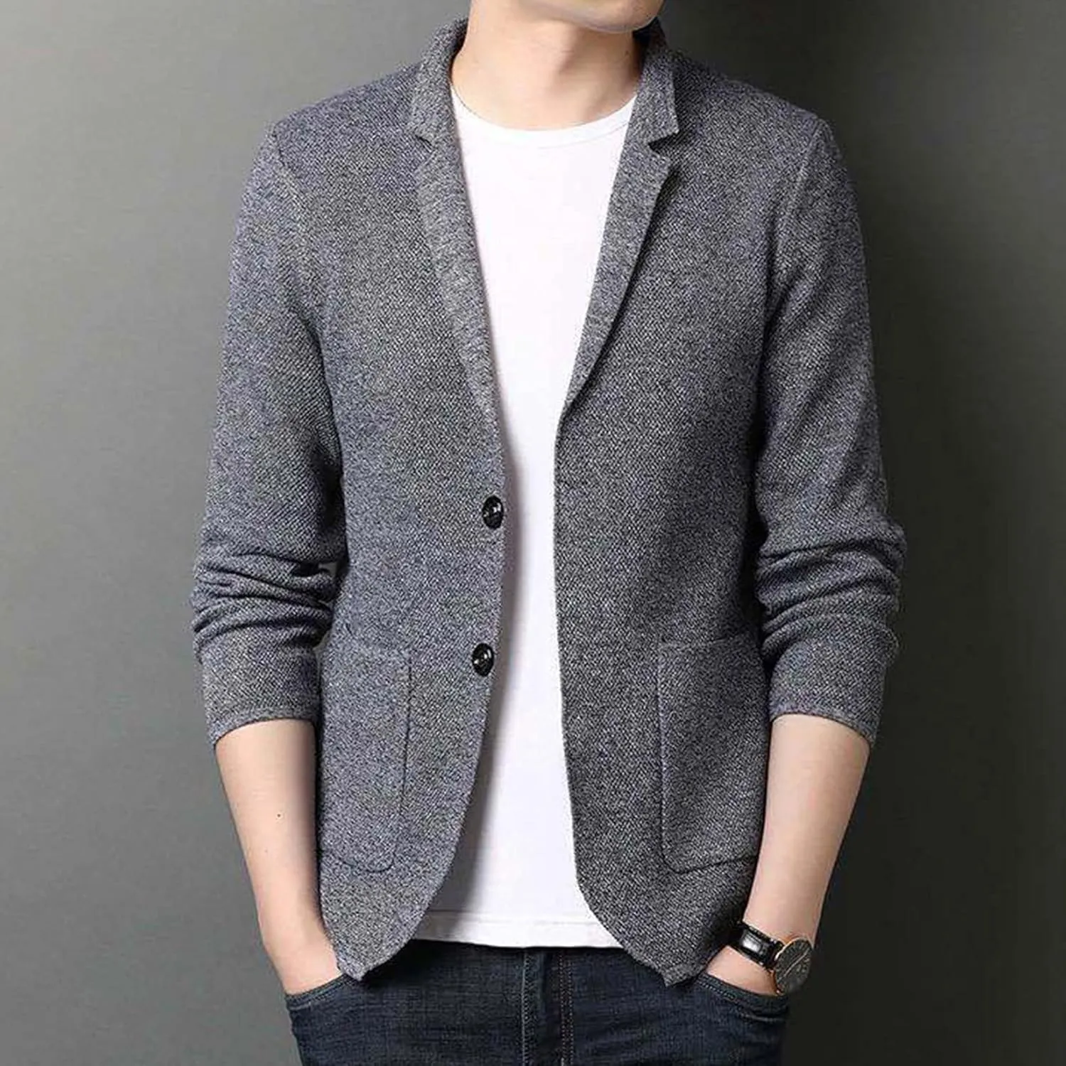 Lu's Chic Men's Soft Knit Blazer Open Front Cardigan Sweater Lightweight Mandarin Collar Slim Fit Casual Sports Coats Jacket