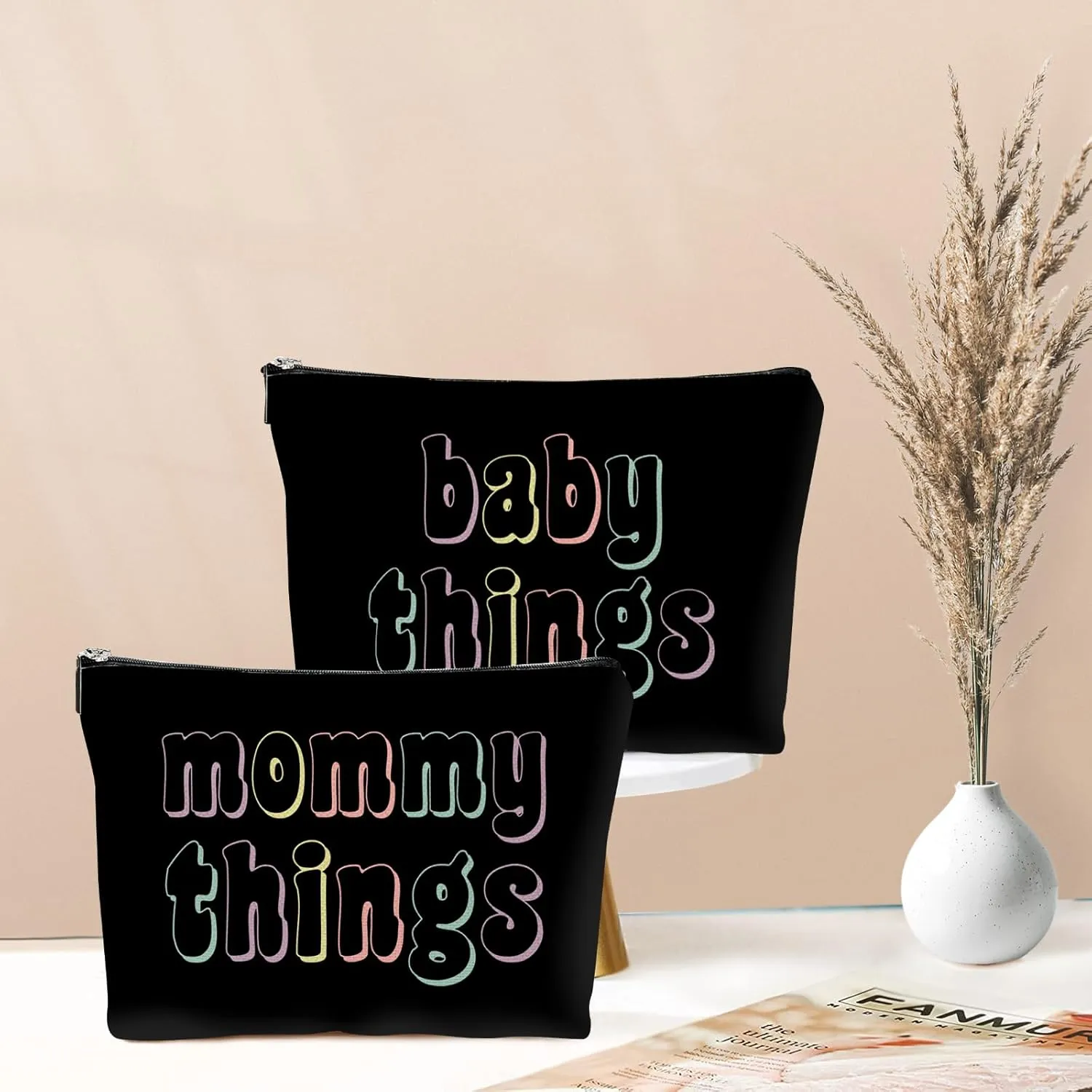 Mama and Baby Bag Set Canvas Pouch Set Keepsake for New Mothers Travel Toiletry Bag for Baby Stuff, Mother's Day Gifts, Set of 2 (Black)