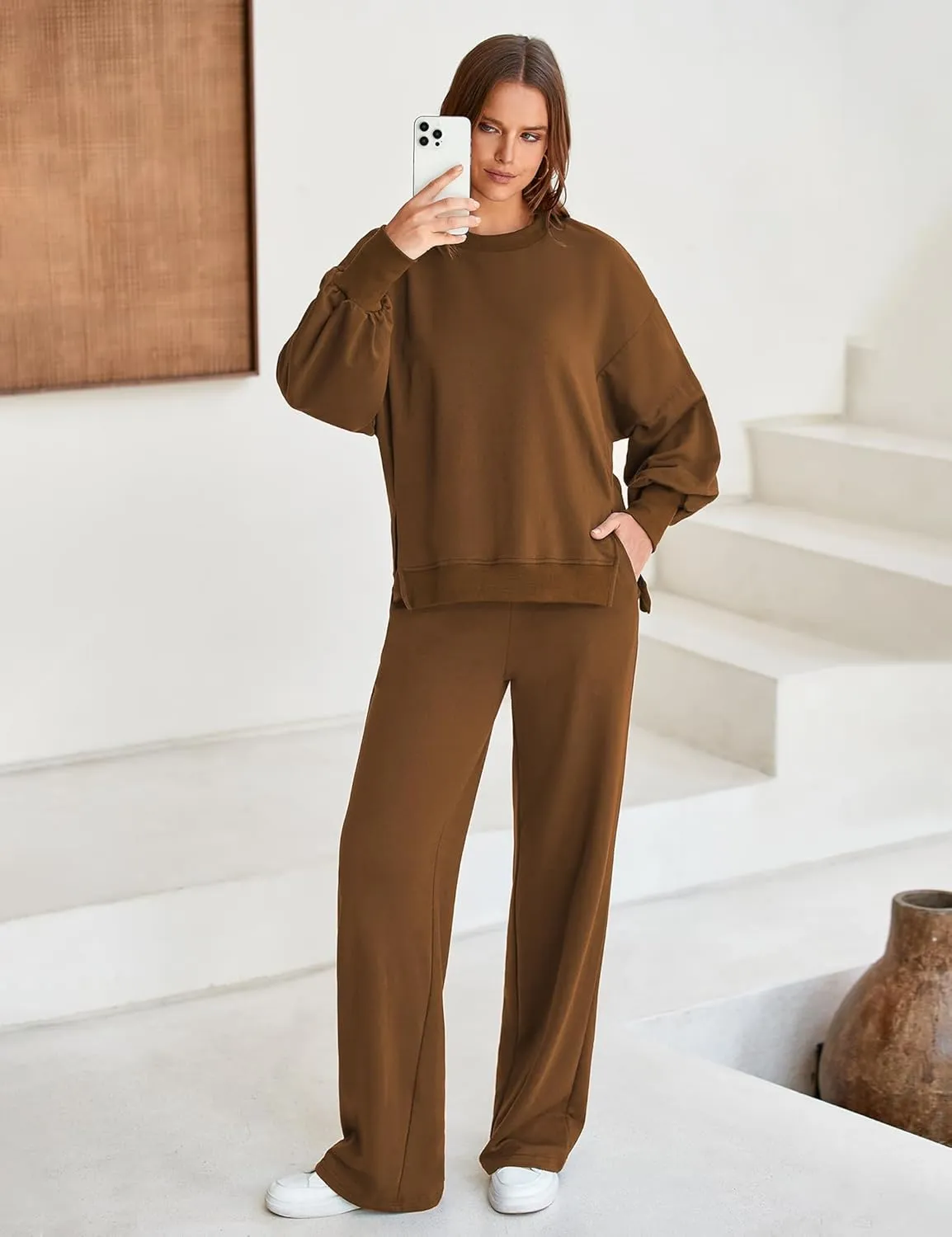 Marvmys Women 2 Piece Lounge Set Long Sleeve Wide Leg Sweatsuit Outfits Crewneck Oversized Tracksuit Fall Casual Loungewear