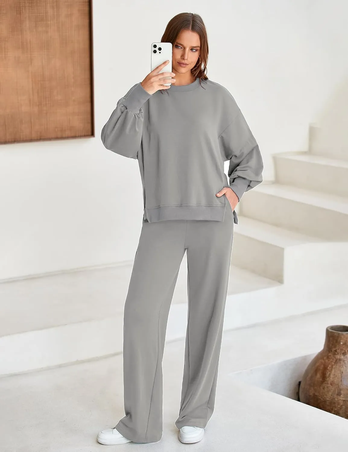 Marvmys Women 2 Piece Lounge Set Long Sleeve Wide Leg Sweatsuit Outfits Crewneck Oversized Tracksuit Fall Casual Loungewear