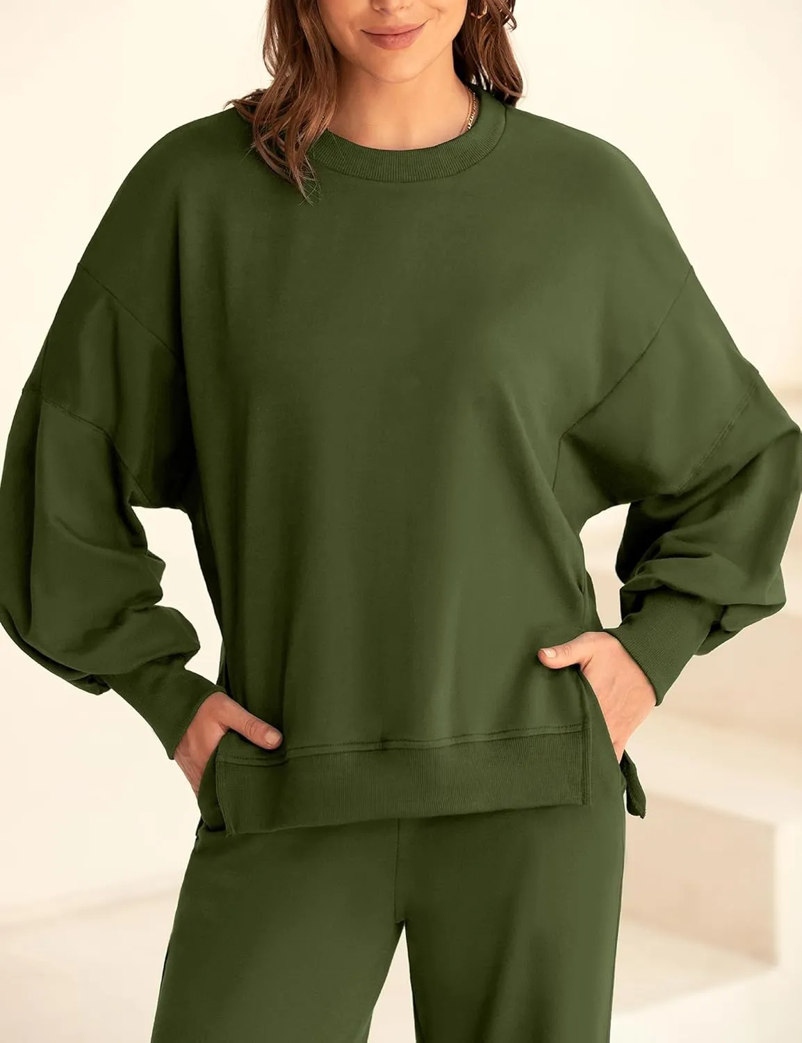 Marvmys Women 2 Piece Lounge Set Long Sleeve Wide Leg Sweatsuit Outfits Crewneck Oversized Tracksuit Fall Casual Loungewear