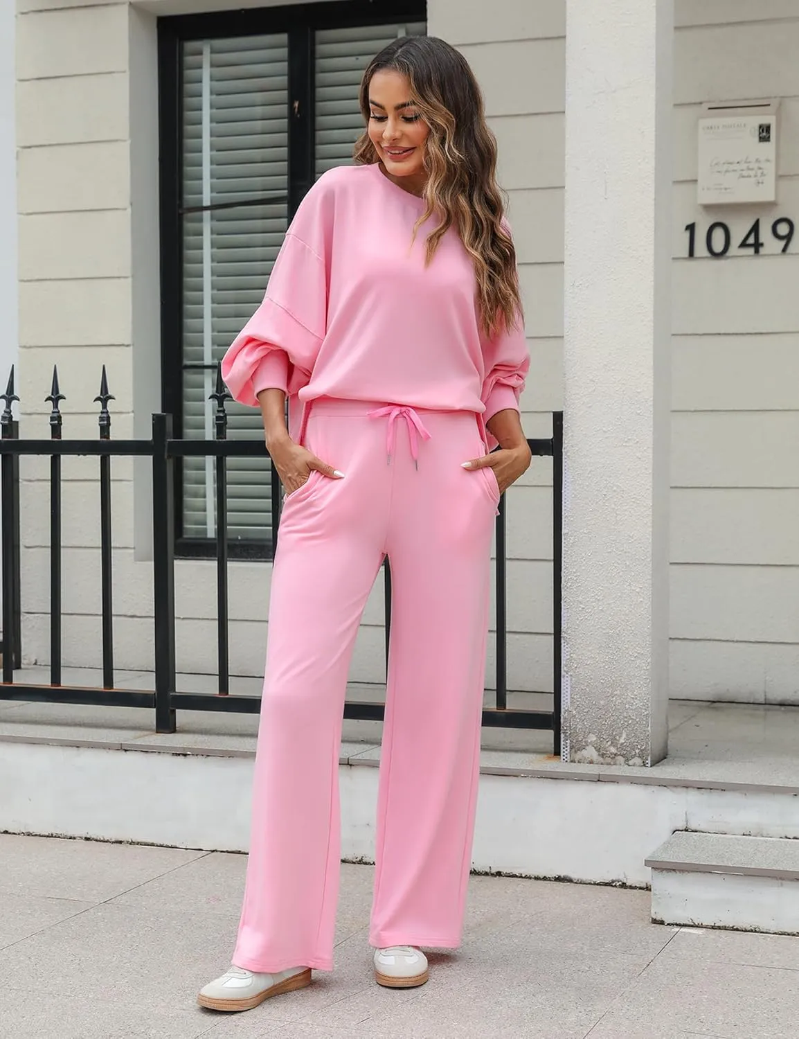 Marvmys Women 2 Piece Lounge Set Long Sleeve Wide Leg Sweatsuit Outfits Crewneck Oversized Tracksuit Fall Casual Loungewear