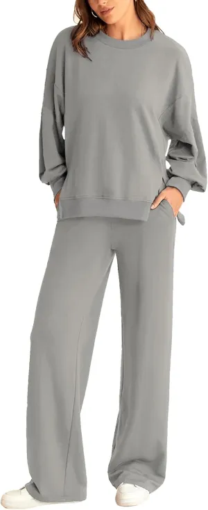 Marvmys Women 2 Piece Lounge Set Long Sleeve Wide Leg Sweatsuit Outfits Crewneck Oversized Tracksuit Fall Casual Loungewear