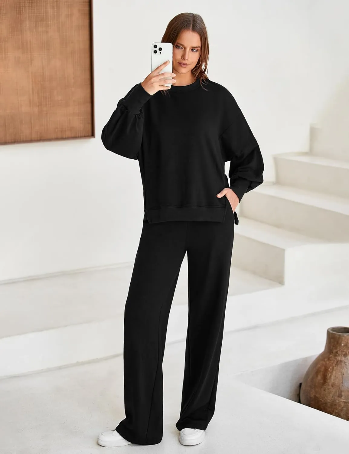 Marvmys Women 2 Piece Lounge Set Long Sleeve Wide Leg Sweatsuit Outfits Crewneck Oversized Tracksuit Fall Casual Loungewear