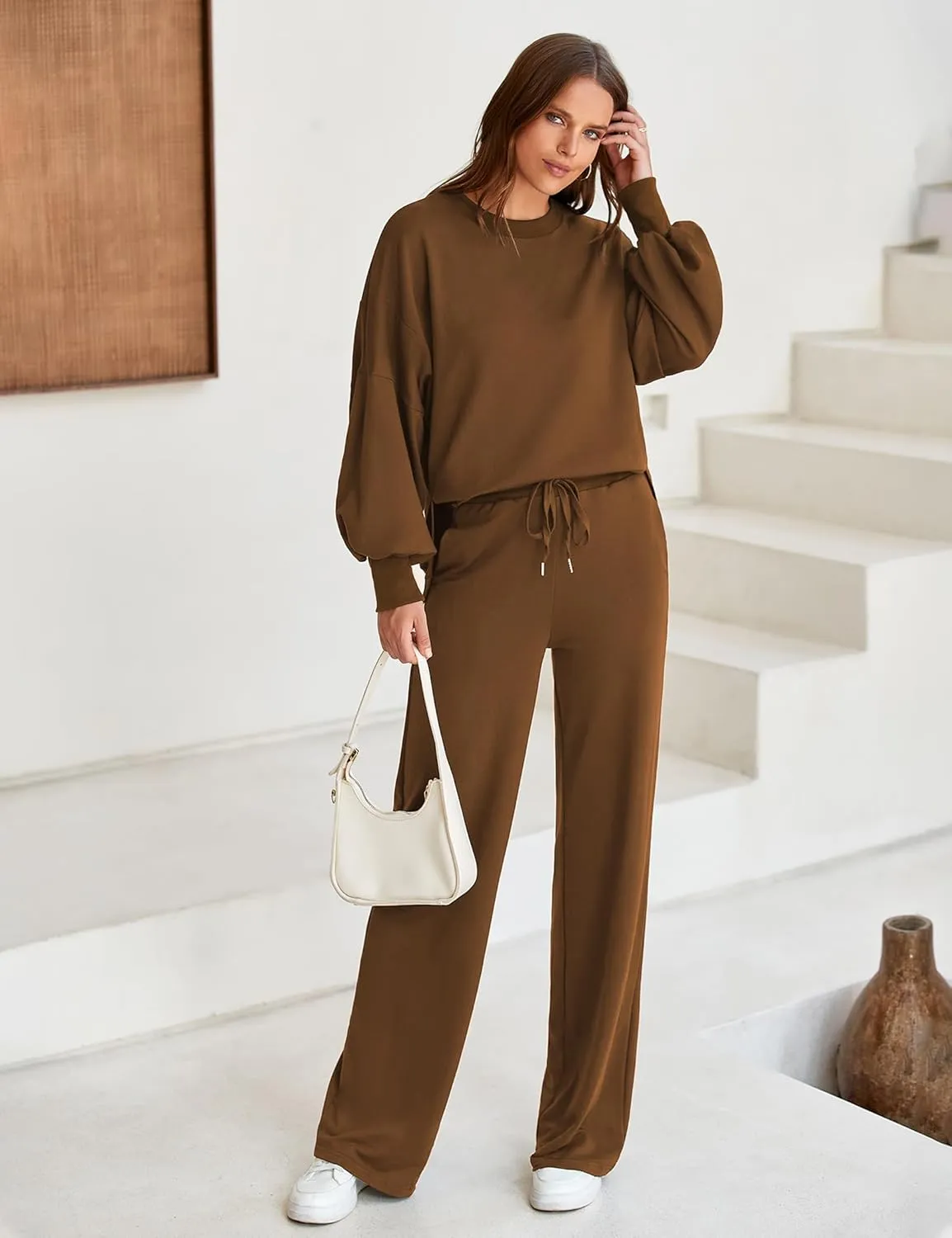 Marvmys Women 2 Piece Lounge Set Long Sleeve Wide Leg Sweatsuit Outfits Crewneck Oversized Tracksuit Fall Casual Loungewear
