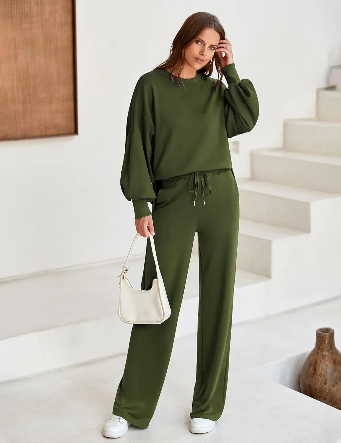 Marvmys Women 2 Piece Lounge Set Long Sleeve Wide Leg Sweatsuit Outfits Crewneck Oversized Tracksuit Fall Casual Loungewear
