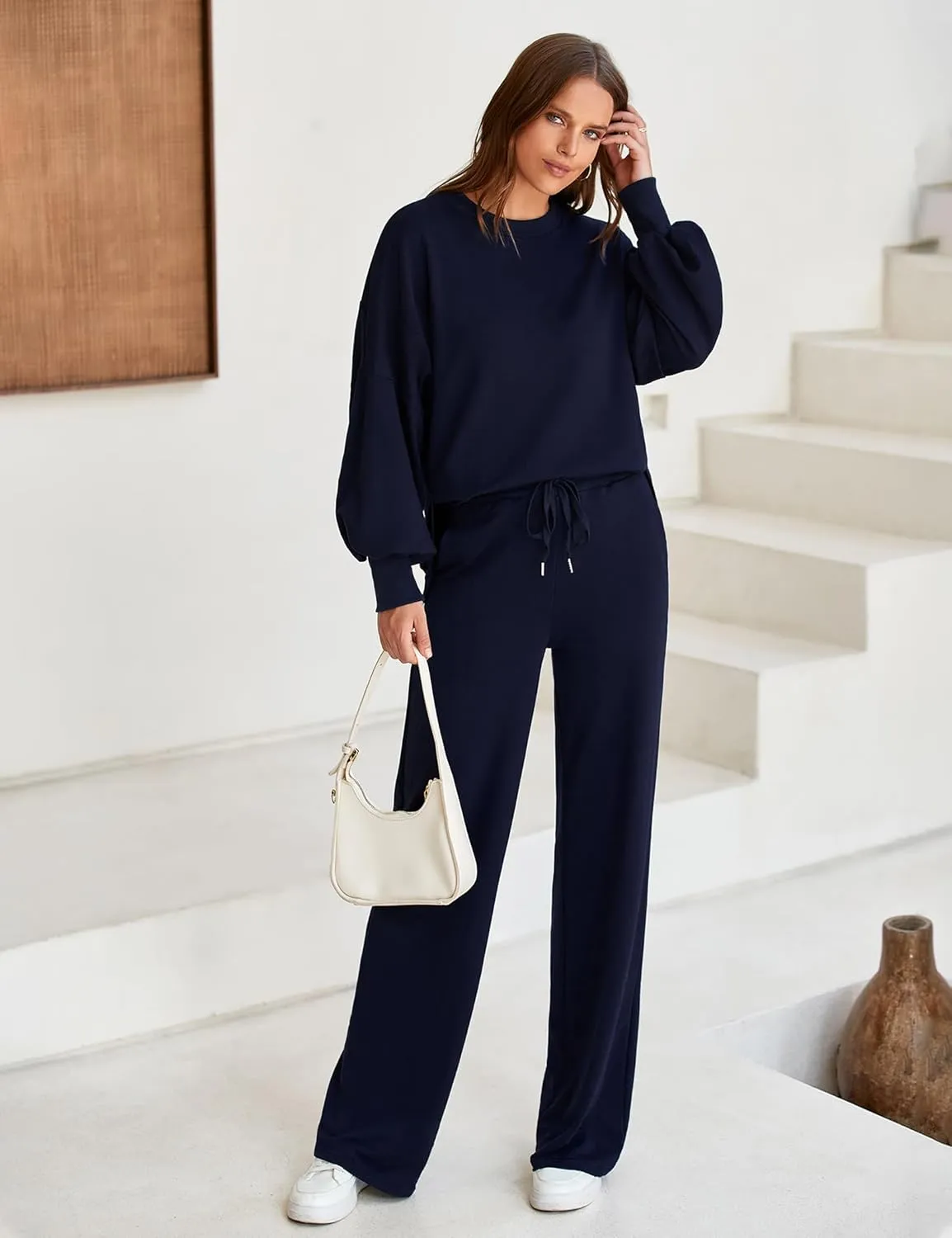 Marvmys Women 2 Piece Lounge Set Long Sleeve Wide Leg Sweatsuit Outfits Crewneck Oversized Tracksuit Fall Casual Loungewear