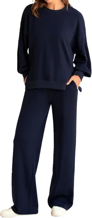 Marvmys Women 2 Piece Lounge Set Long Sleeve Wide Leg Sweatsuit Outfits Crewneck Oversized Tracksuit Fall Casual Loungewear