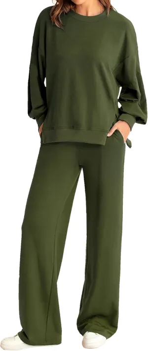 Marvmys Women 2 Piece Lounge Set Long Sleeve Wide Leg Sweatsuit Outfits Crewneck Oversized Tracksuit Fall Casual Loungewear