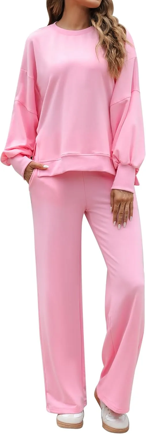 Marvmys Women 2 Piece Lounge Set Long Sleeve Wide Leg Sweatsuit Outfits Crewneck Oversized Tracksuit Fall Casual Loungewear