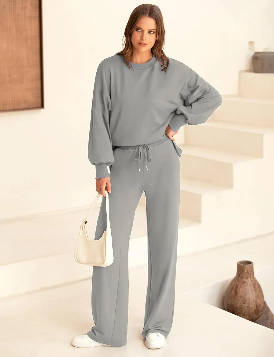Marvmys Women 2 Piece Lounge Set Long Sleeve Wide Leg Sweatsuit Outfits Crewneck Oversized Tracksuit Fall Casual Loungewear