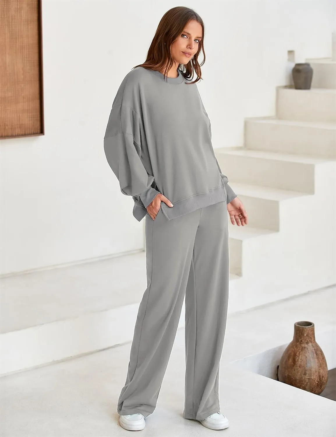 Marvmys Women 2 Piece Lounge Set Long Sleeve Wide Leg Sweatsuit Outfits Crewneck Oversized Tracksuit Fall Casual Loungewear