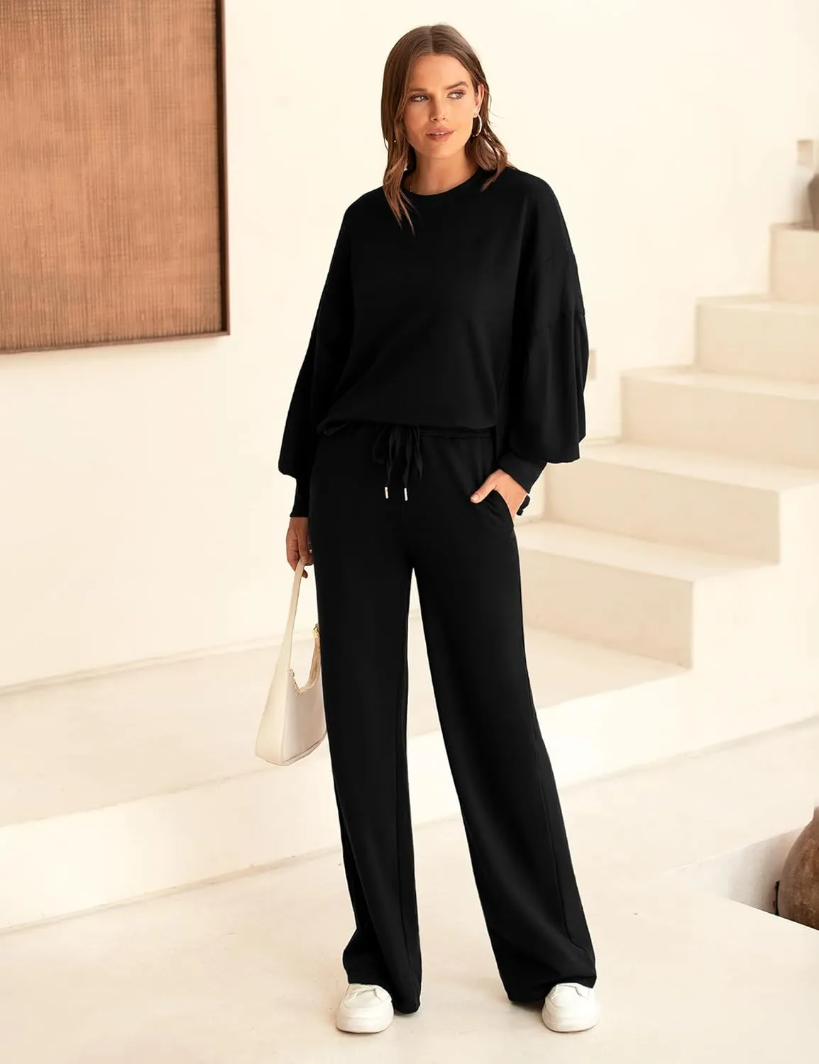Marvmys Women 2 Piece Lounge Set Long Sleeve Wide Leg Sweatsuit Outfits Crewneck Oversized Tracksuit Fall Casual Loungewear