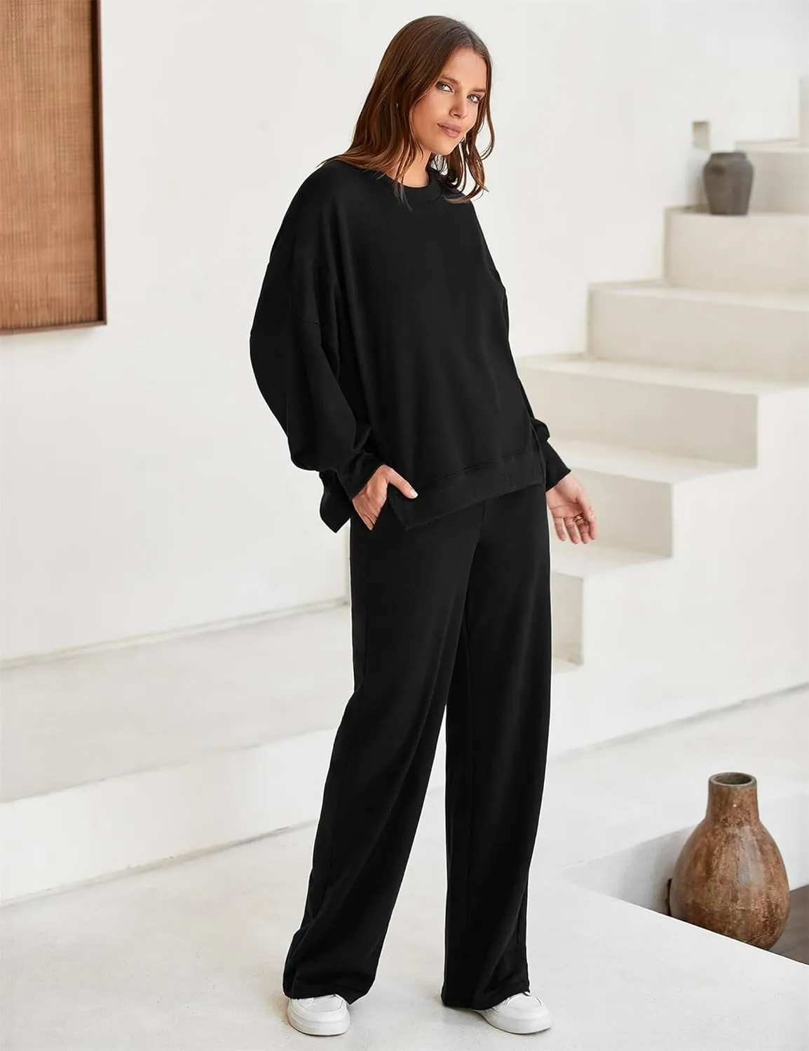 Marvmys Women 2 Piece Lounge Set Long Sleeve Wide Leg Sweatsuit Outfits Crewneck Oversized Tracksuit Fall Casual Loungewear