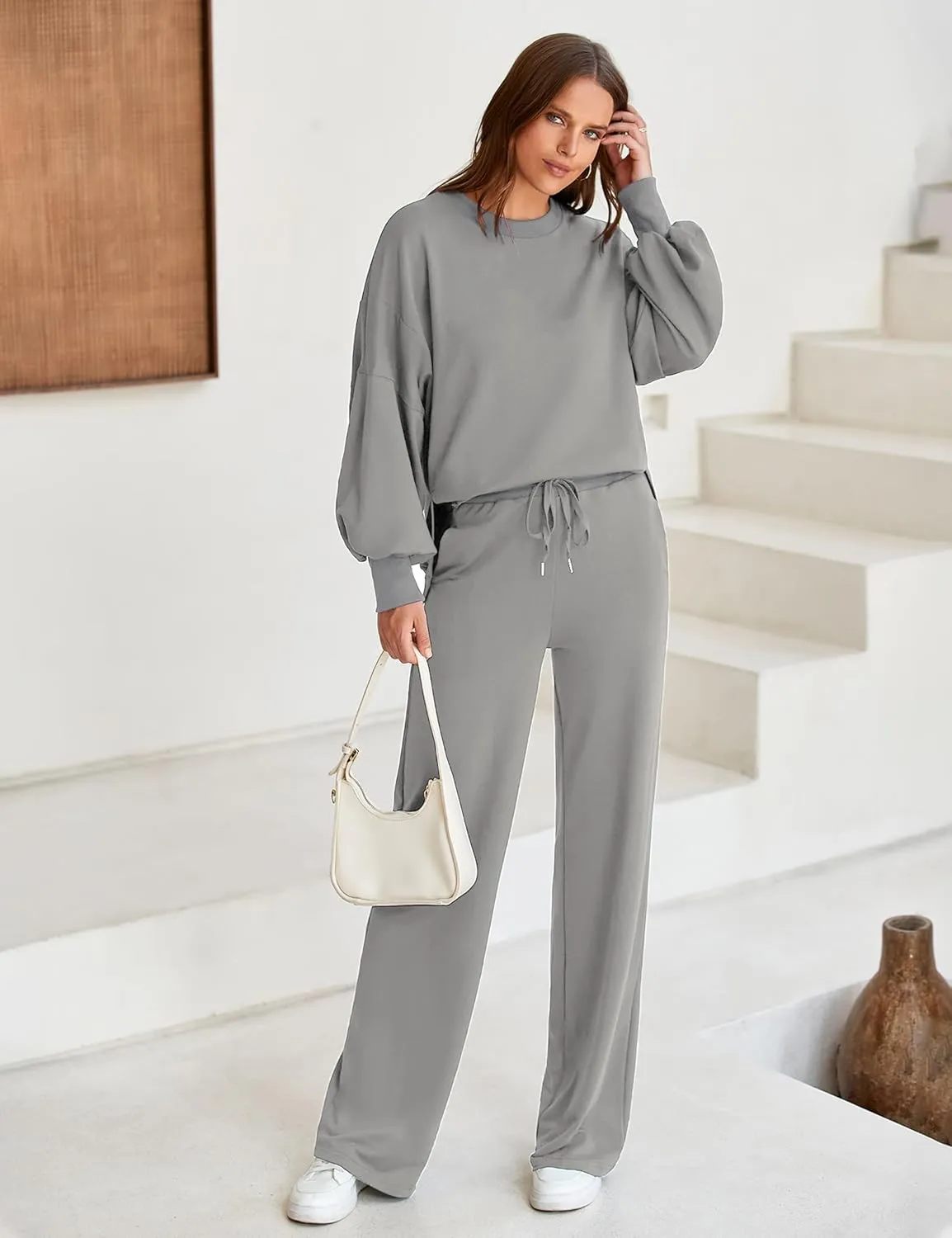 Marvmys Women 2 Piece Lounge Set Long Sleeve Wide Leg Sweatsuit Outfits Crewneck Oversized Tracksuit Fall Casual Loungewear