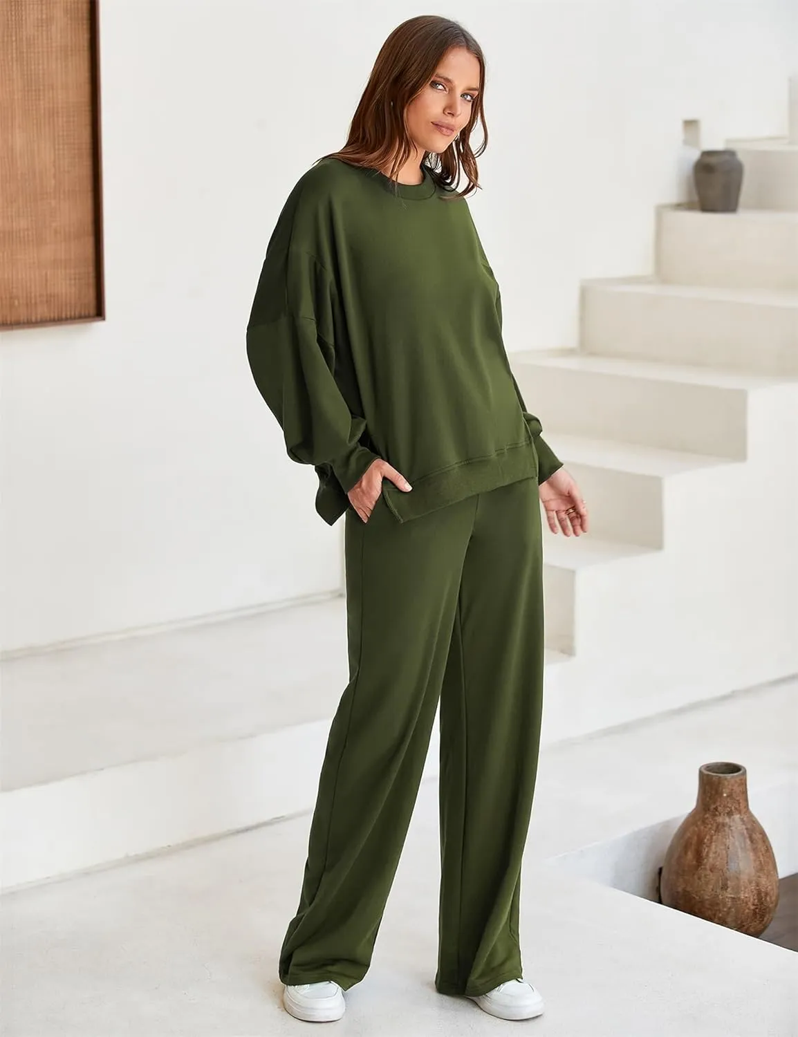 Marvmys Women 2 Piece Lounge Set Long Sleeve Wide Leg Sweatsuit Outfits Crewneck Oversized Tracksuit Fall Casual Loungewear