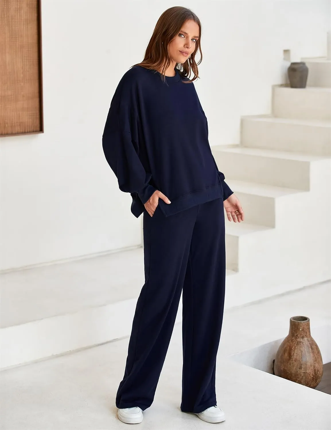 Marvmys Women 2 Piece Lounge Set Long Sleeve Wide Leg Sweatsuit Outfits Crewneck Oversized Tracksuit Fall Casual Loungewear