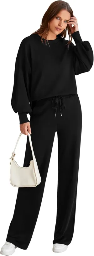 Marvmys Women 2 Piece Lounge Set Long Sleeve Wide Leg Sweatsuit Outfits Crewneck Oversized Tracksuit Fall Casual Loungewear