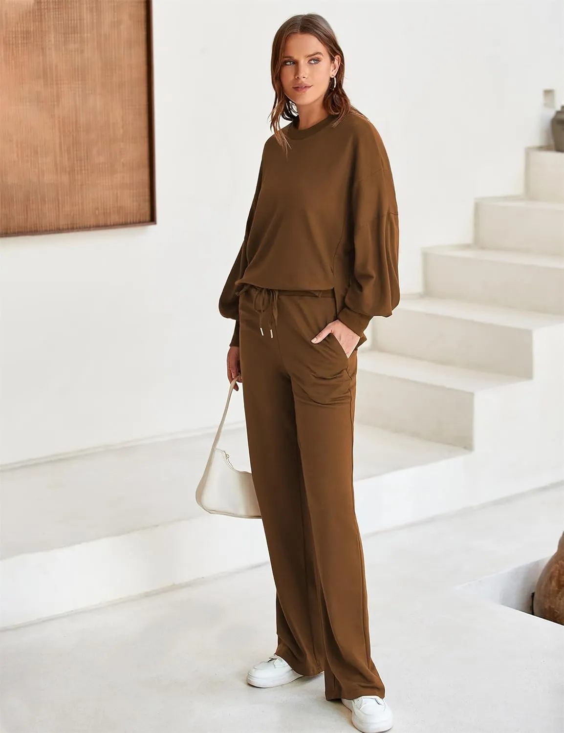 Marvmys Women 2 Piece Lounge Set Long Sleeve Wide Leg Sweatsuit Outfits Crewneck Oversized Tracksuit Fall Casual Loungewear