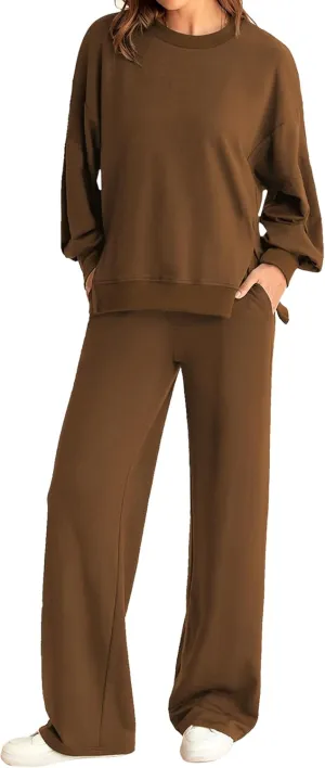 Marvmys Women 2 Piece Lounge Set Long Sleeve Wide Leg Sweatsuit Outfits Crewneck Oversized Tracksuit Fall Casual Loungewear