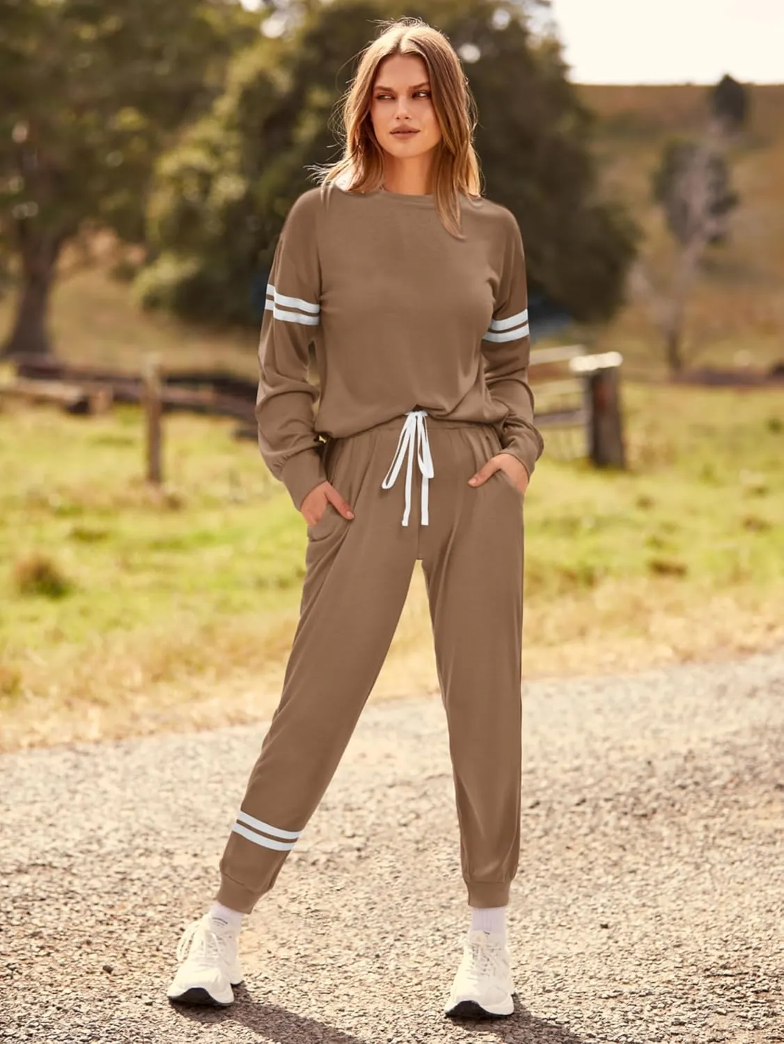 MASCOMODA 2025 Lounge Sets for Women Fall 2 Piece Outfits Tracksuit Jogger Set Long Sleeve Tops and Long Pants with Pockets