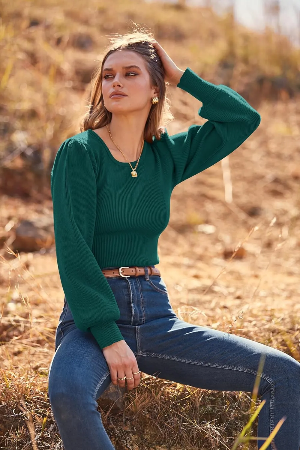MASCOMODA Long Puff Sleeve Sweaters for Women 2025 Fall Winter Crewneck Knit Ribbed Bodysuit Pullover Tops