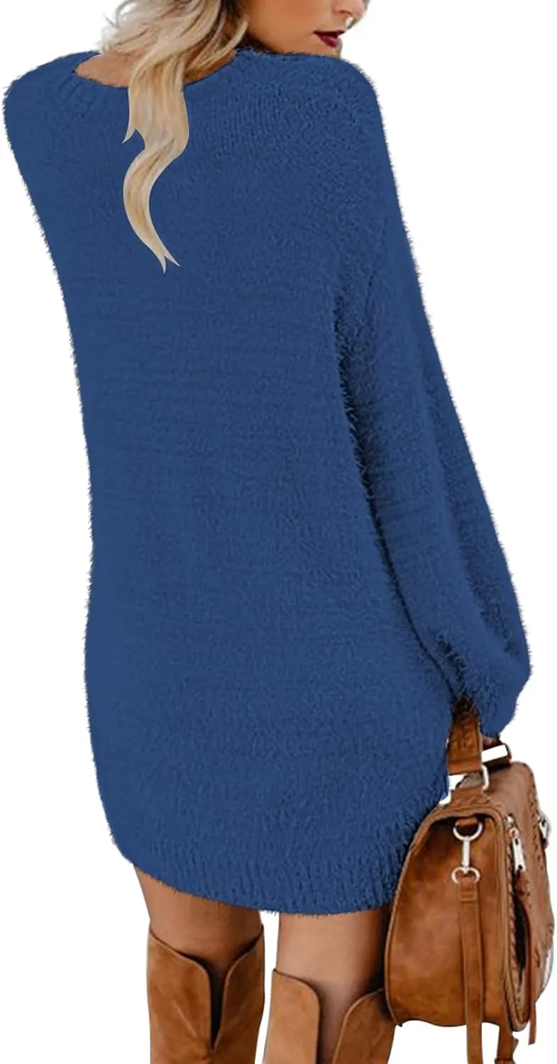 Meenew Women's Furry Pullover Sweater Dress Loose Oversized Long Knitted Tops