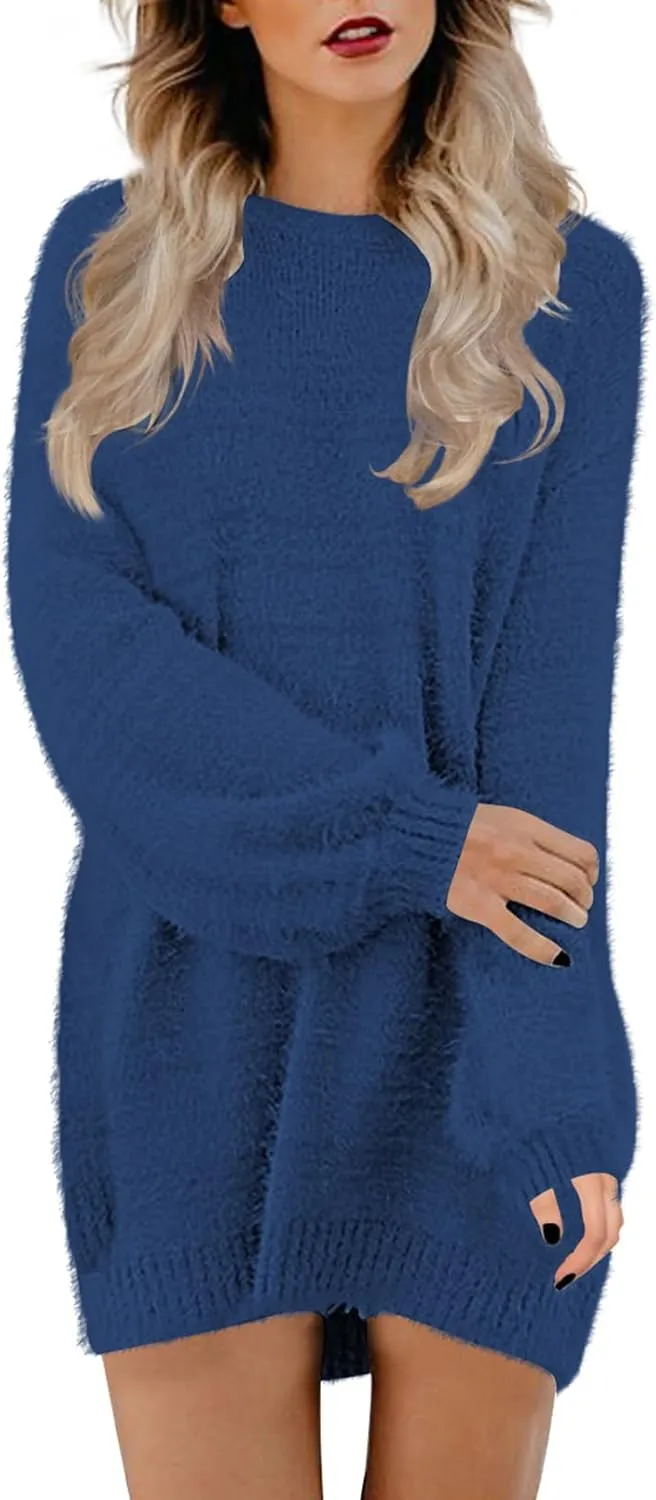 Meenew Women's Furry Pullover Sweater Dress Loose Oversized Long Knitted Tops