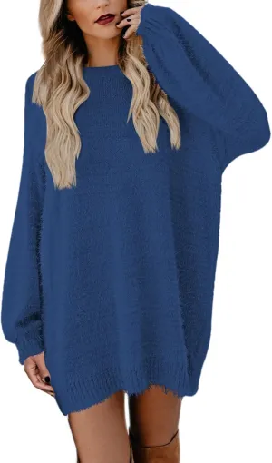 Meenew Women's Furry Pullover Sweater Dress Loose Oversized Long Knitted Tops